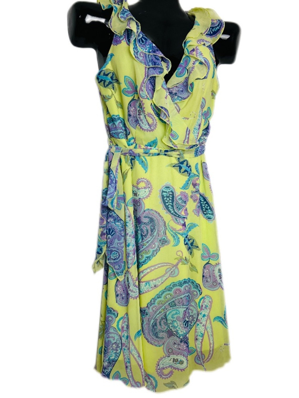 Sleeveless Yellow Paisley Ruffle Wrap Dress